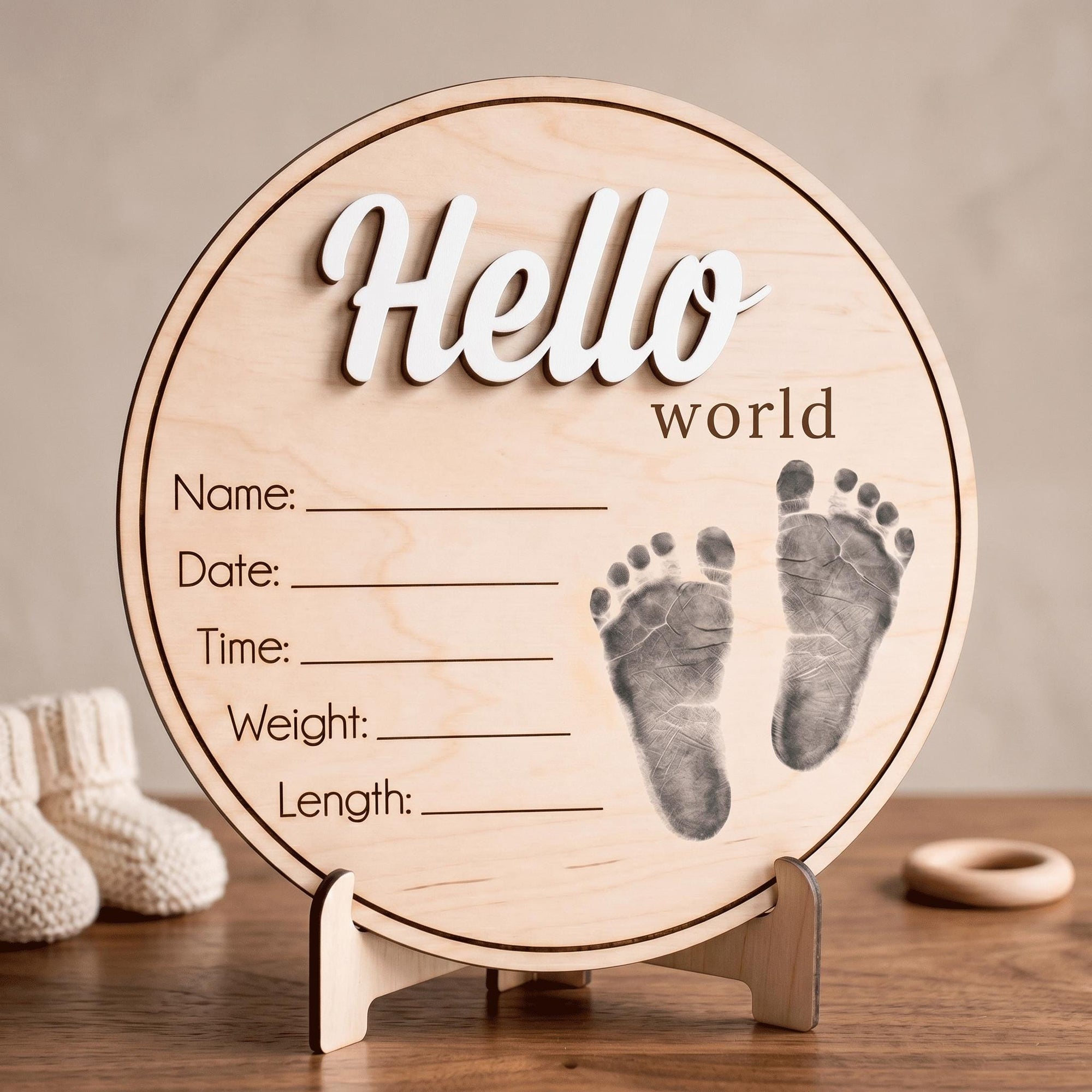 Printed Baby Footprint Sign | 3D Acrylic Hello World Wooden Plaque | Custom Newborn Birth Stats Announcement | Nursery Decor
