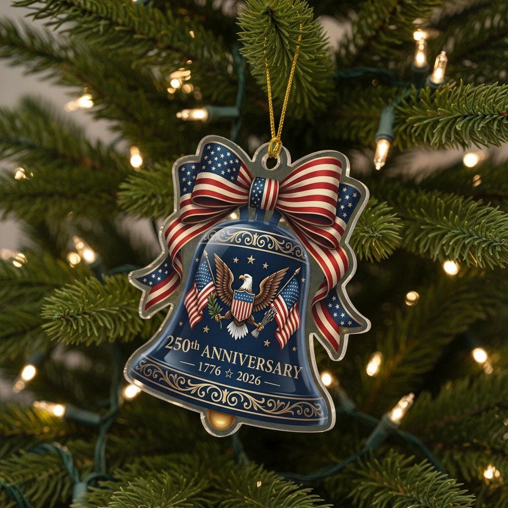 Semiquincentennial Gift 2026 USA 250th Anniversary Ornament Navy Blue Liberty Bell Patriotic Eagle Decor American Flag Bow