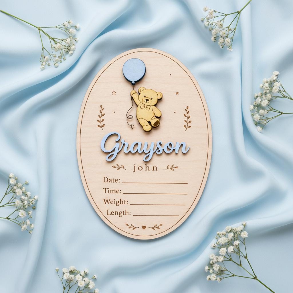 Teddy Bear Birth Stats Sign | 3D Balloon Oval Wooden Plaque | Custom Baby Boy Girl Announcement | Whimsical Nursery Photo Prop