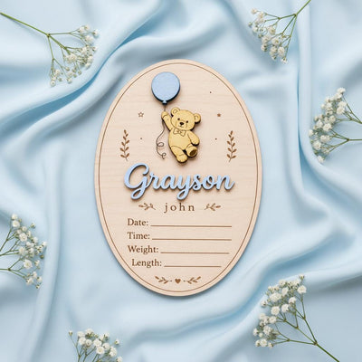 Teddy Bear Birth Stats Sign | 3D Balloon Oval Wooden Plaque | Custom Baby Boy Girl Announcement | Whimsical Nursery Photo Prop