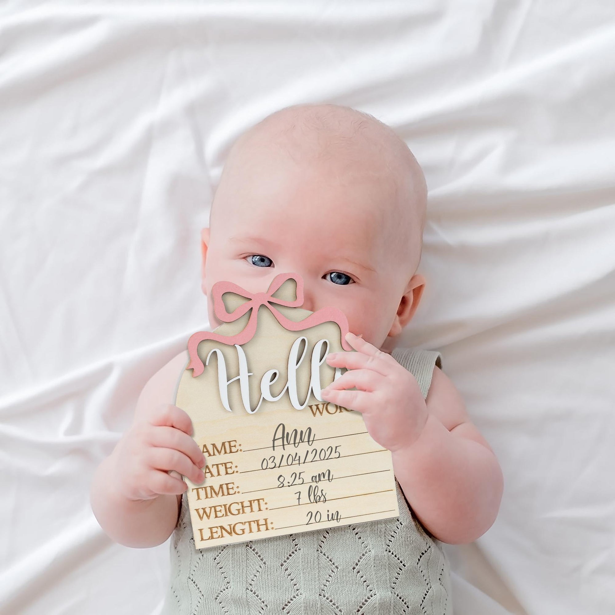 Hello World Sign With Pink Bow, Birth Stats Sign, Baby Girl Shower Gift Keepsake, Birth Announcement Sign, Baby Stats Announcement