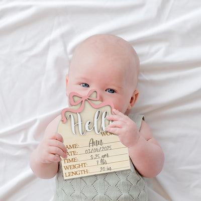 Hello World Sign With Pink Bow, Birth Stats Sign, Baby Girl Shower Gift Keepsake, Birth Announcement Sign, Baby Stats Announcement