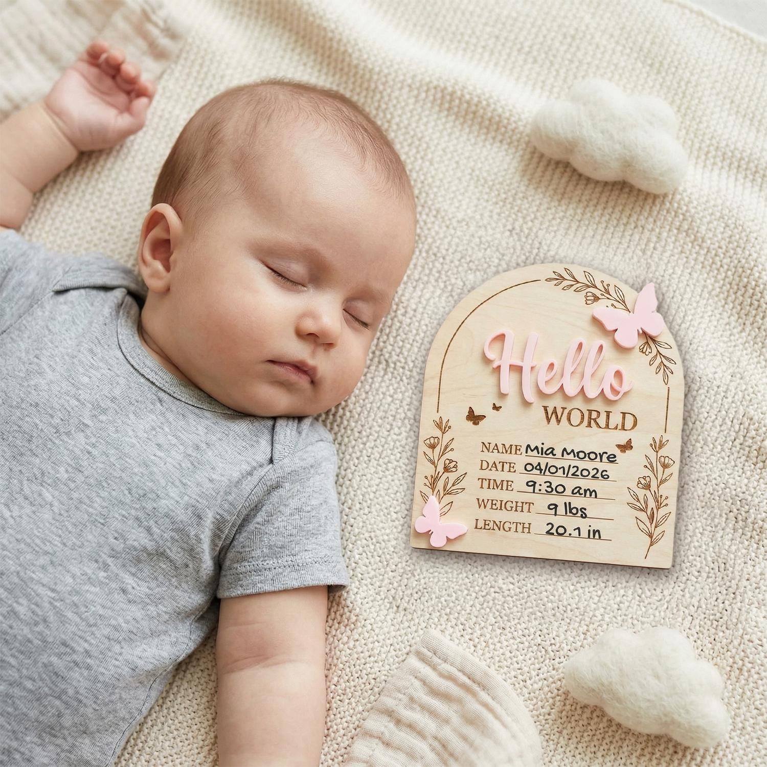 Pink Butterfly Birth Stats Sign | 3D Acrylic Wooden Newborn Plaque | Custom Baby Girl Announcement | Floral Arch Nursery Prop