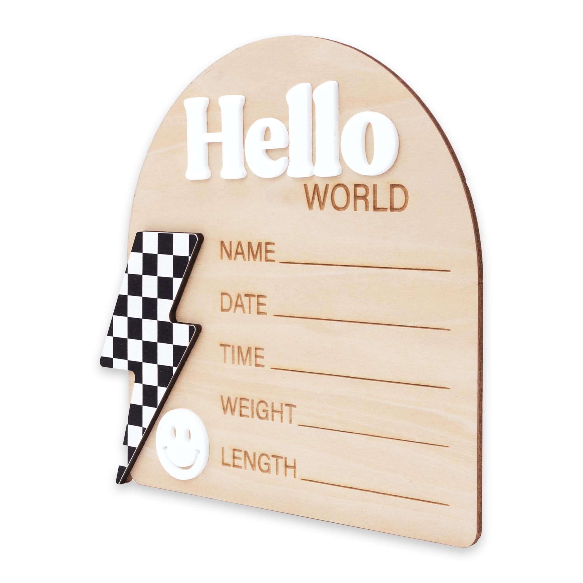 Checkered Lightning Bolt Birth Stats Sign | Retro Groovy Baby Name Plaque | Hello World Arch Photo Prop | Smiley Face Nursery Decor | Gift