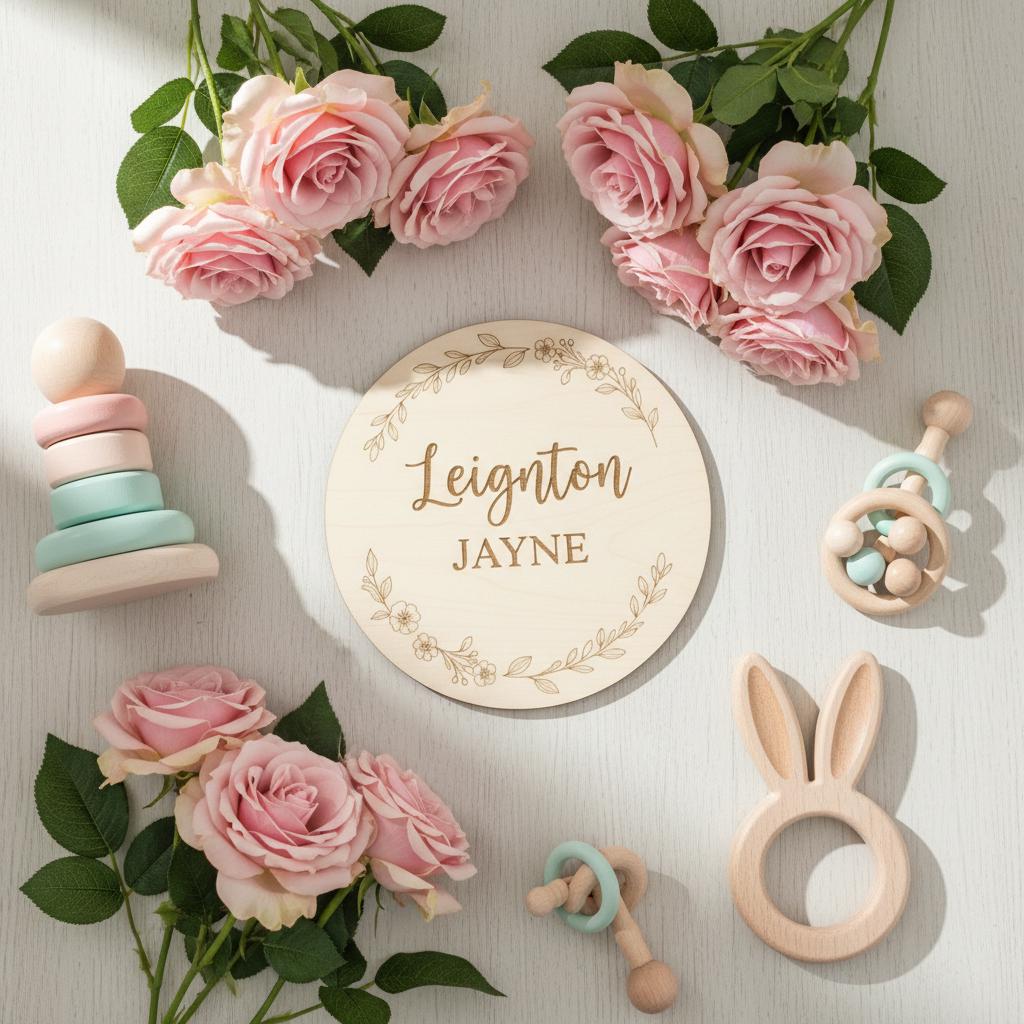 Personalized Wooden Baby Name Plaque, Round Nursery Name Announcement Sign