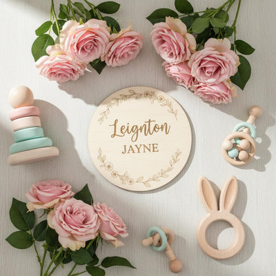 Personalized Wooden Baby Name Plaque, Round Nursery Name Announcement Sign