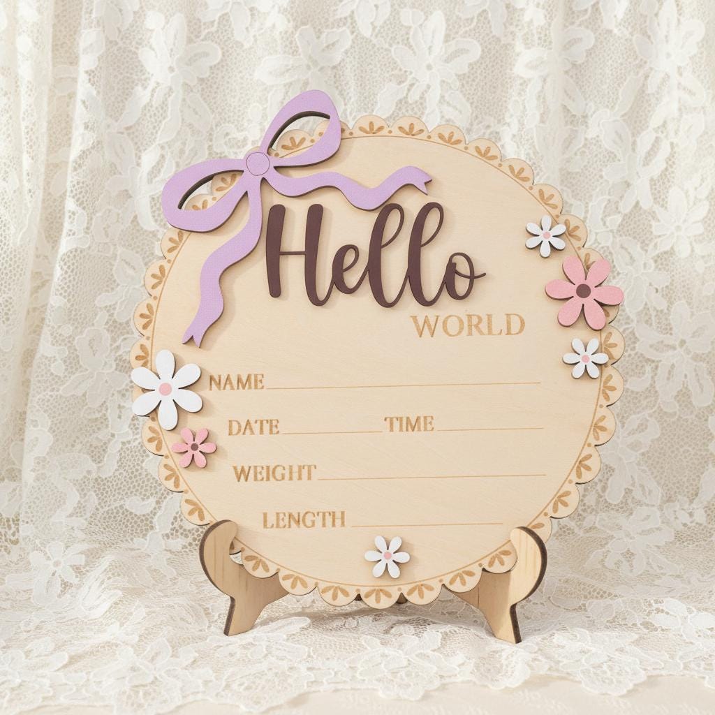 Baby Girl Hello World Birth Keepsake Sign Wooden Floral Nursery Decor