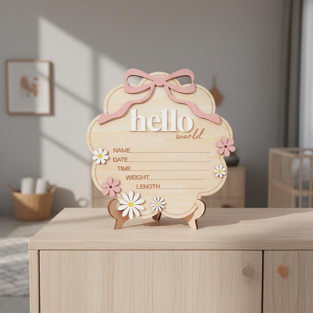 Floral Hello World Baby Birth Sign Wooden Newborn Photo Keepsake