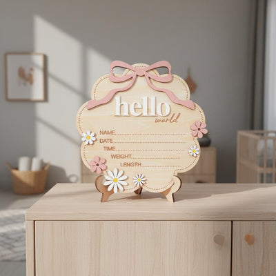 Floral Hello World Baby Birth Sign Wooden Newborn Photo Keepsake