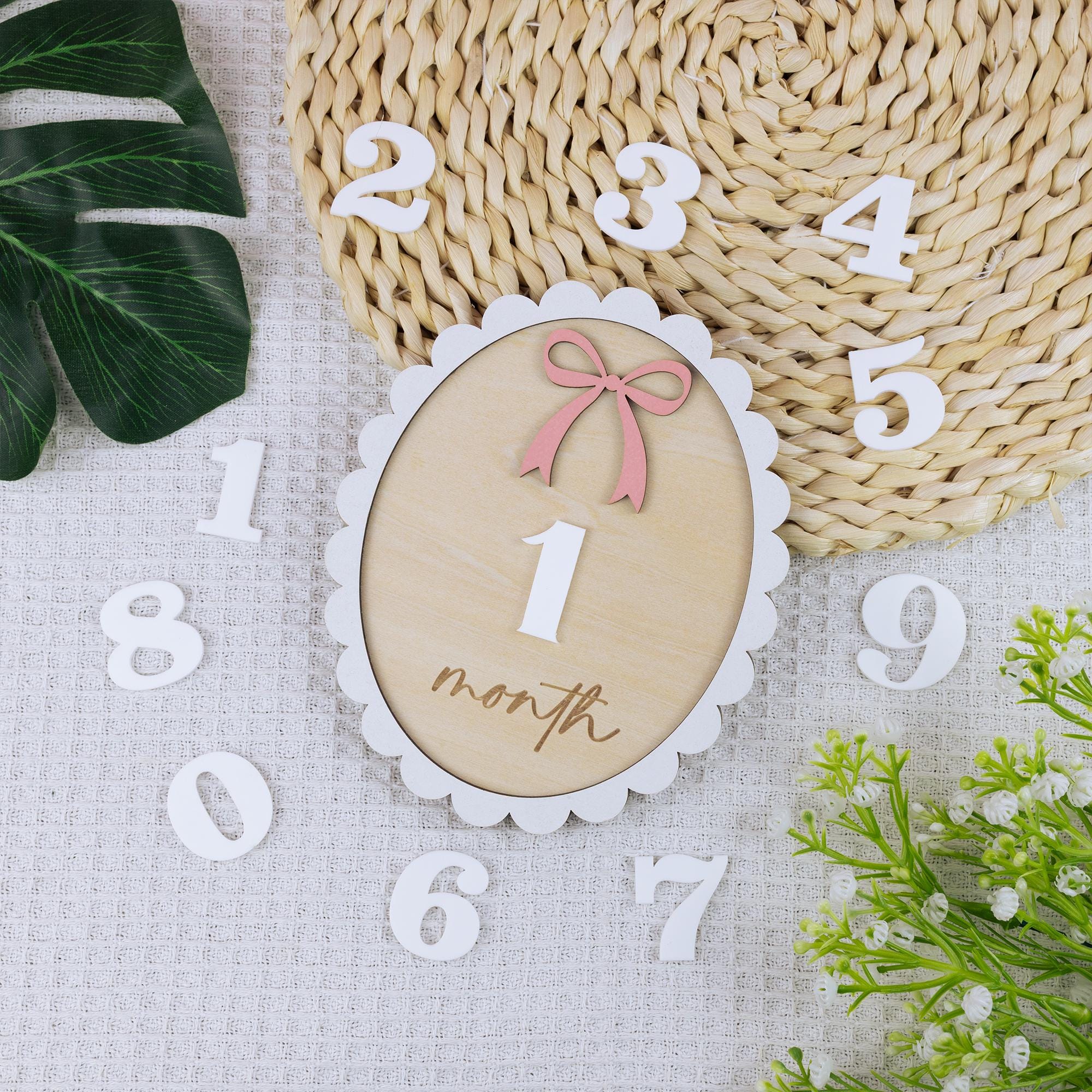 Wooden Baby Milestone Marker with Interchangeable Numbers, Baby Girl Monthly Milestone Sign, Baby Shower Gift, Baby Monthly Milestone Board