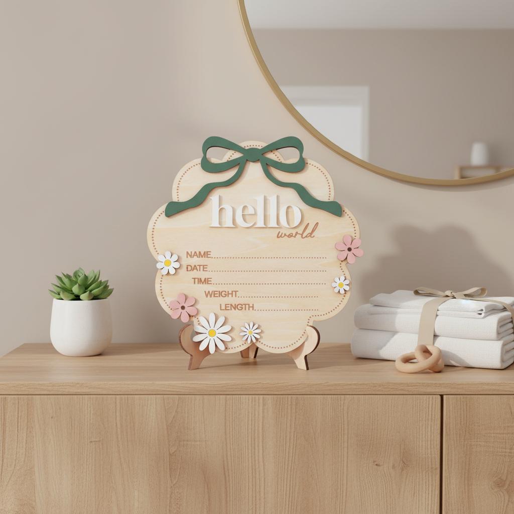 Sage Hello World Wooden Baby Birth Announcement Sign Nursery Decor