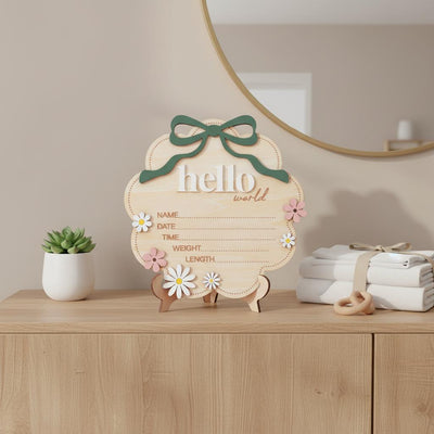 Sage Hello World Wooden Baby Birth Announcement Sign Nursery Decor