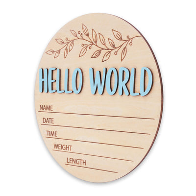 Blue Hello World Birth Stats Sign | 3D Botanical Leaf Wooden Plaque | Round Baby Boy Announcement Disc | Nursery Prop | Baby Shower Gift