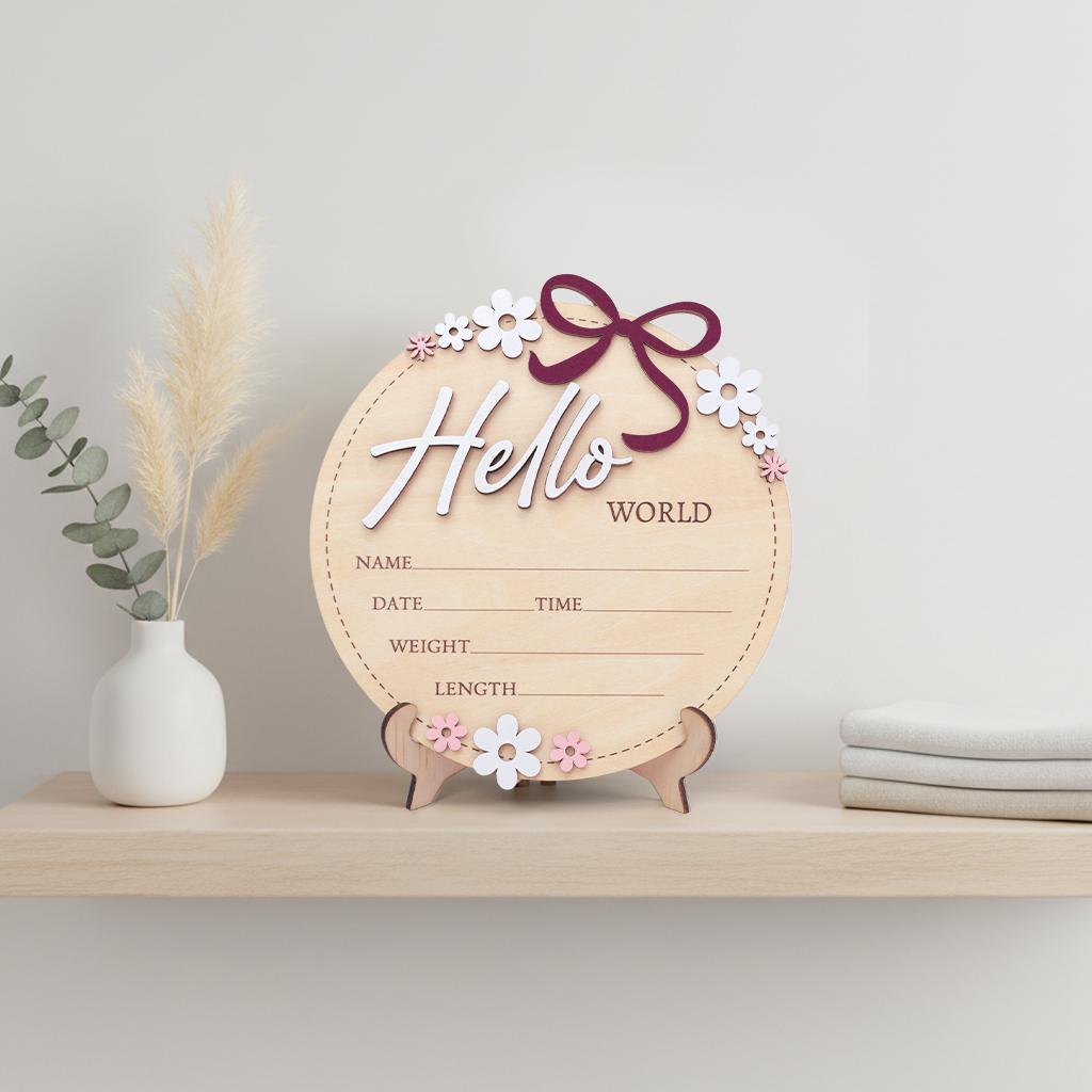 Baby Announcement Sign Pink Bow, Floral Baby Name Sign, Wooden Hello World Sign, Floral Birth Stats Sign,Floral Birth Announcement,Baby Sign
