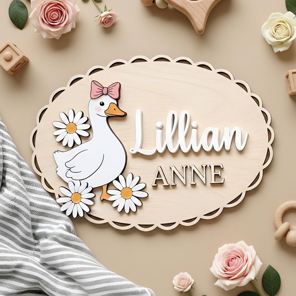 Personalized Baby Name Sign, Wooden Nursery Name Plaque with Goose, Custom Baby Girl Room Decor, Daisy Nursery Wall Decor, Baby Shower Gift
