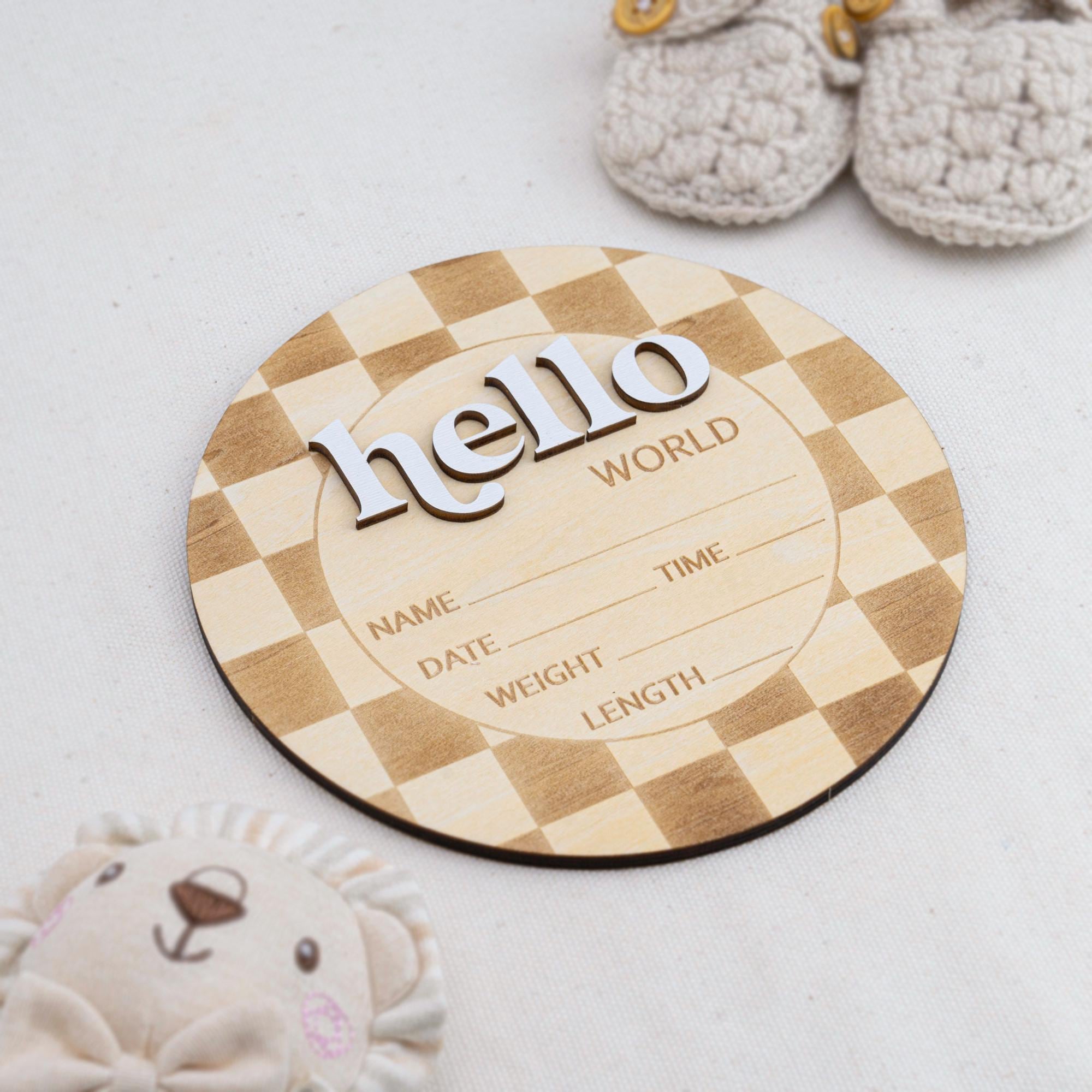Checkered Hello World Sign, Wooden Baby Announcement, Layered Birth Stat Sign, Birth Stat Plaque, Retro Nursery Decor, Name Announcement