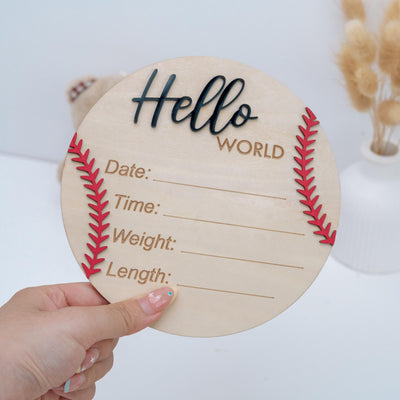 Personalized Baseball Birth Announcement Sign, Custom Hospital Baby Birth Stat Sign, Wooden Hello World Hospital Sign, Newborn Photo Prop