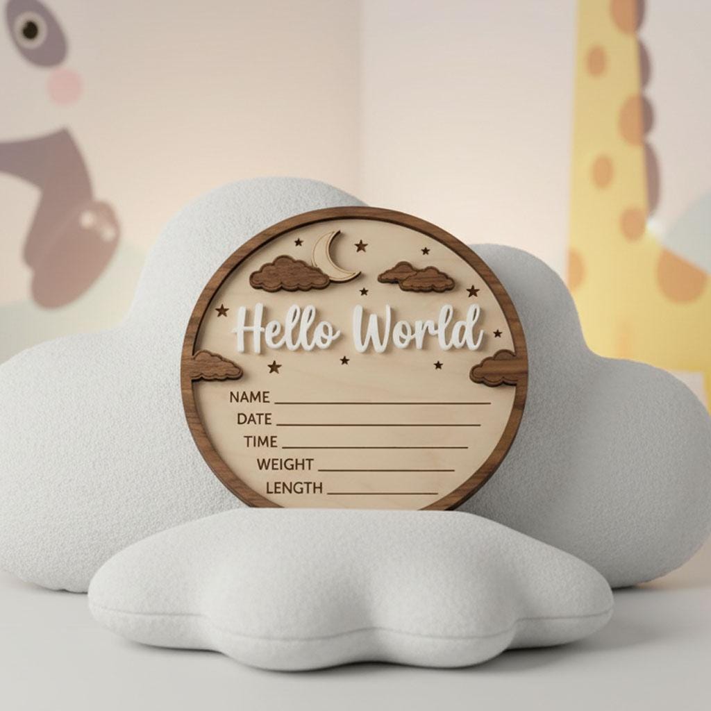 3D Moon Stars Birth Stats Sign | Walnut Frame Wood Baby Plaque | Acrylic Hello World Announcement | Neutral Nursery Decor