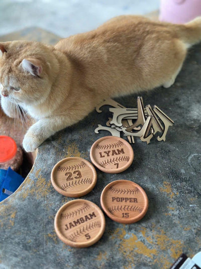 Personalized Baseball Wooden Coasters: Custom Name & Number