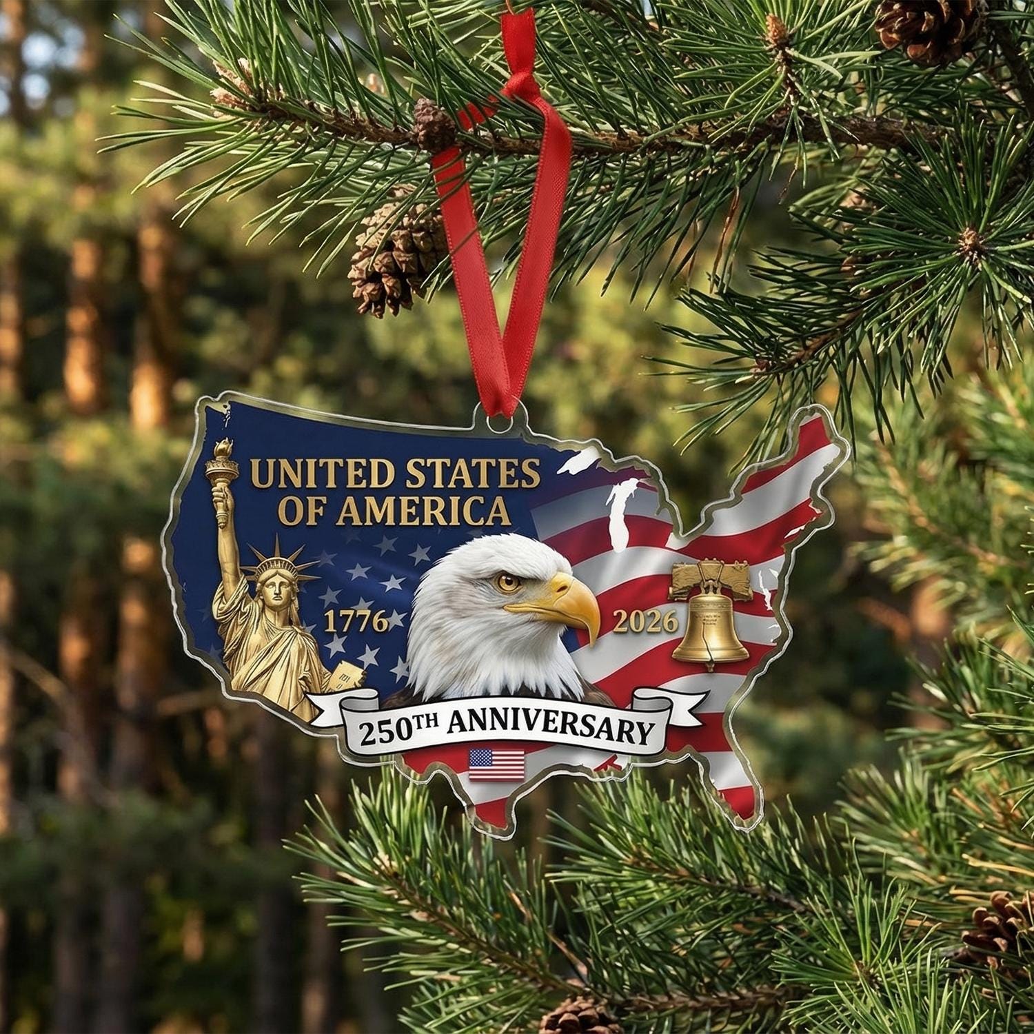 USA Map 250th Anniversary Ornament, Semiquincentennial Patriotic Gift, 1776-2026 United States Shape Decor, America Milestone Keepsake
