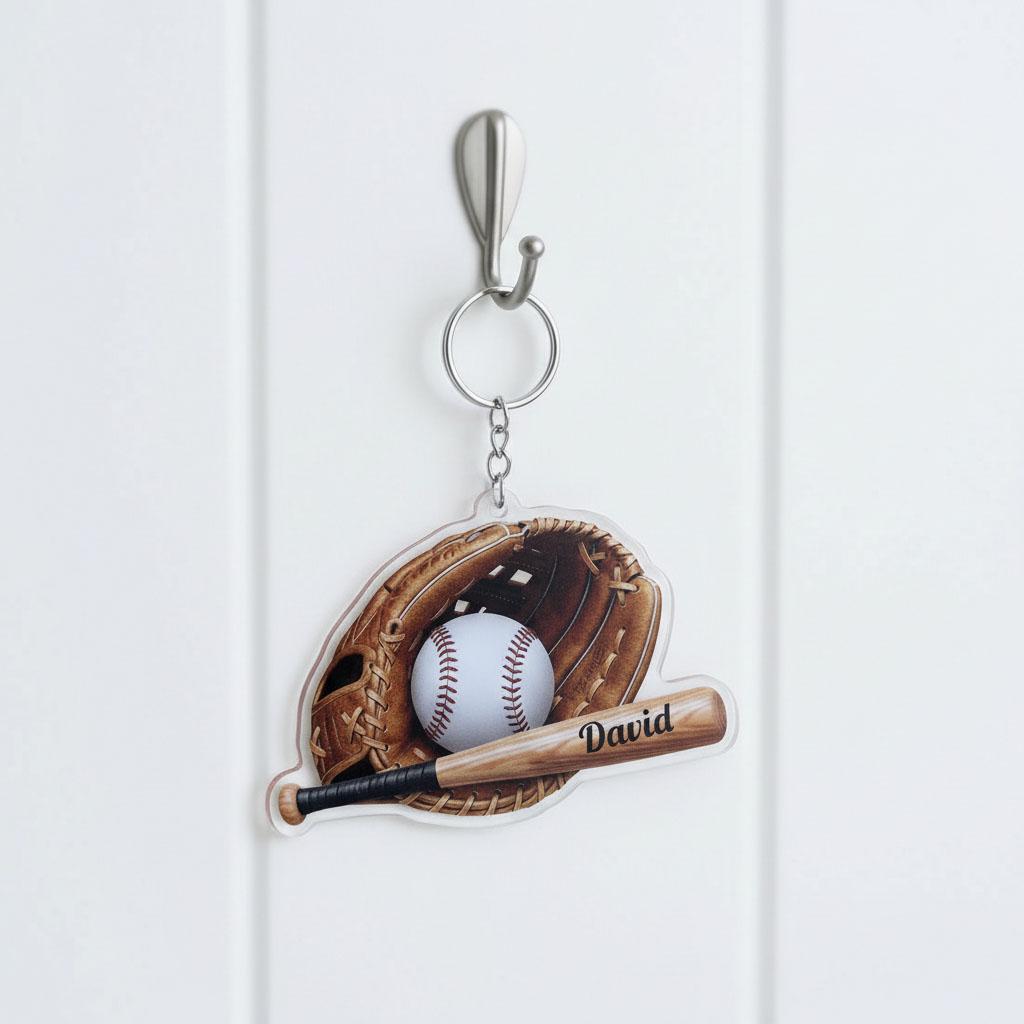 Personalized Baseball Keychain Custom Name, Baseball Glove Bat Keychain, Acrylic Baseball Player Gift, Little League Gift