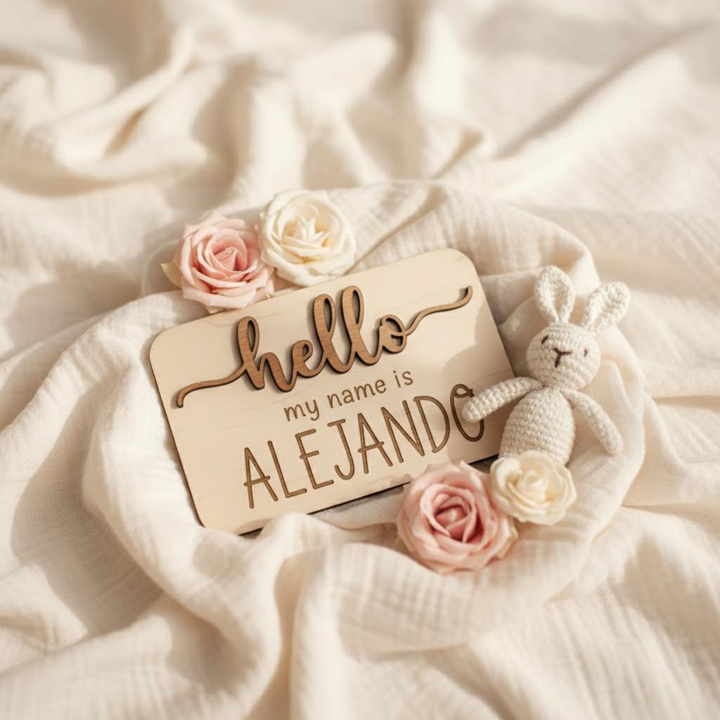 Hello My Name Is Wooden Baby Name Sign, Newborn Photo Prop