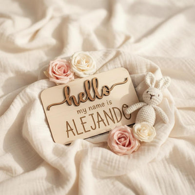 Hello My Name Is Wooden Baby Name Sign, Newborn Photo Prop
