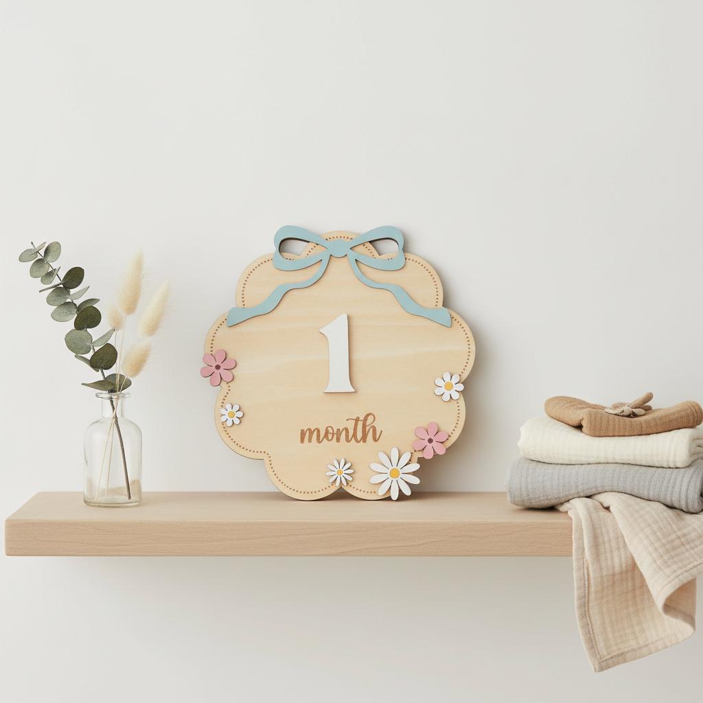 Wooden Baby Monthly Milestone Signs Set, Floral Nursery Photo Props
