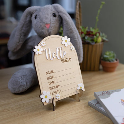 Daisy Flower Hello World Sign, Baby Birth Announcement, Arched Wooden Birth Announcement, Personalized Name Sign, Baby Birth Name