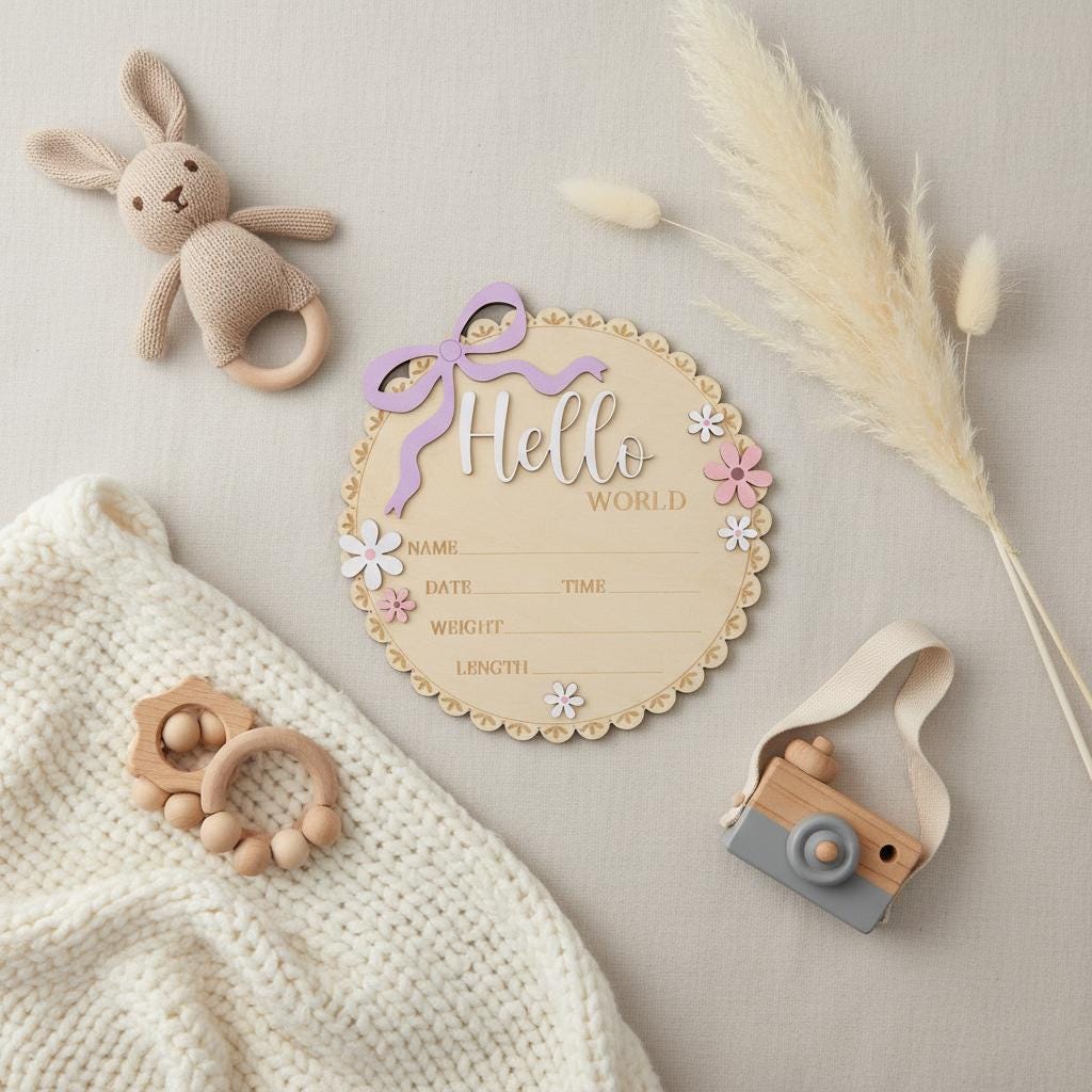 Floral Hello World Baby Sign Wooden Birth Stats Baby Girl Announcement