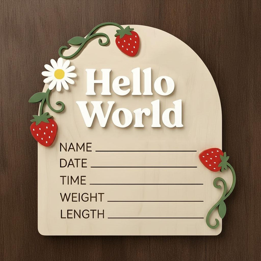 Strawberry 3D Birth Stats Sign | Berry Sweet Arch Wooden Plaque | 3D Acrylic Hello World Announcement | Cottagecore Nursery Prop