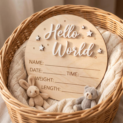 Celestial Stars Birth Stats Sign | 3D Star Wooden Baby Plaque | Acrylic Lettering Hello World Announcement | Neutral Nursery Prop