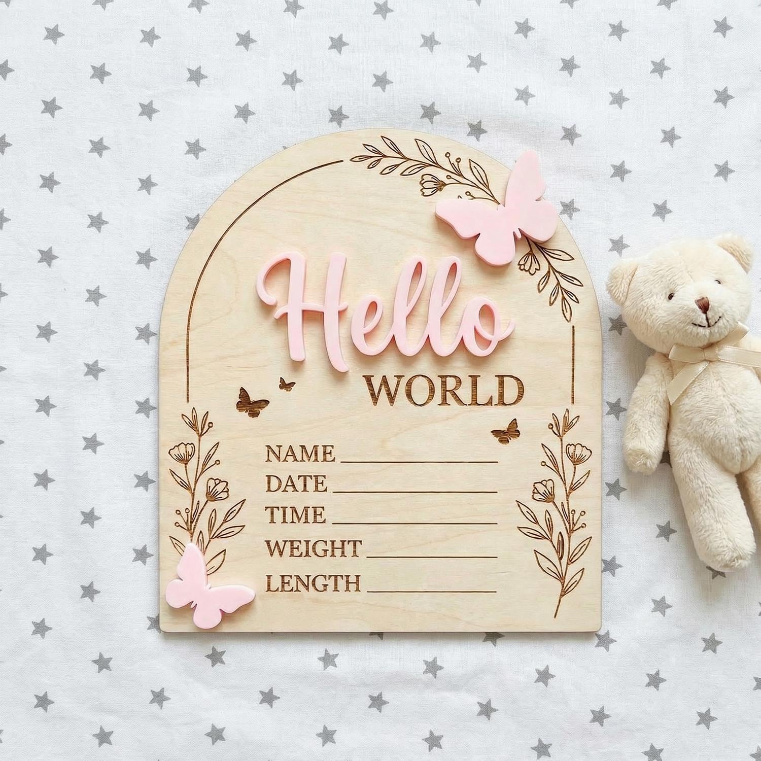 Pink Butterfly Birth Stats Sign | 3D Acrylic Wooden Newborn Plaque | Custom Baby Girl Announcement | Floral Arch Nursery Prop
