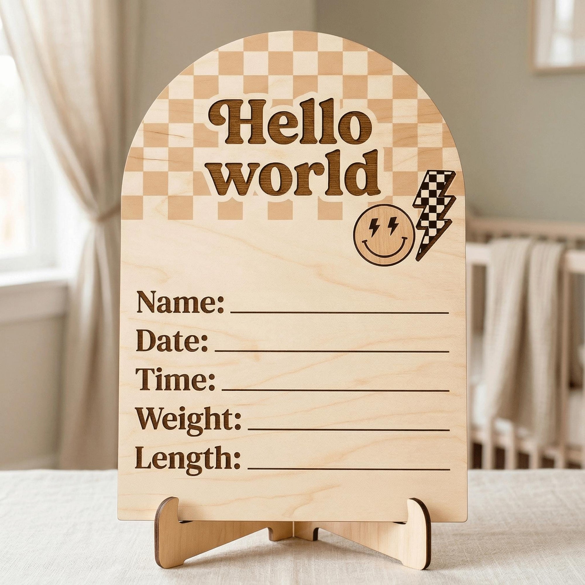 Retro Groovy Birth Stats Sign | Checkerboard Arch Wooden Newborn Plaque | Custom Smiley Baby Announcement | Neutral Nursery Prop