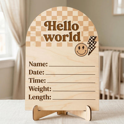 Retro Groovy Birth Stats Sign | Checkerboard Arch Wooden Newborn Plaque | Custom Smiley Baby Announcement | Neutral Nursery Prop