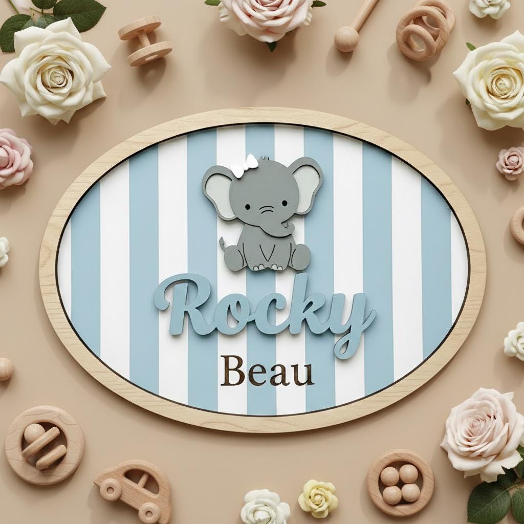 Personalized Elephant Baby Name Sign Wooden Nursery Decor
