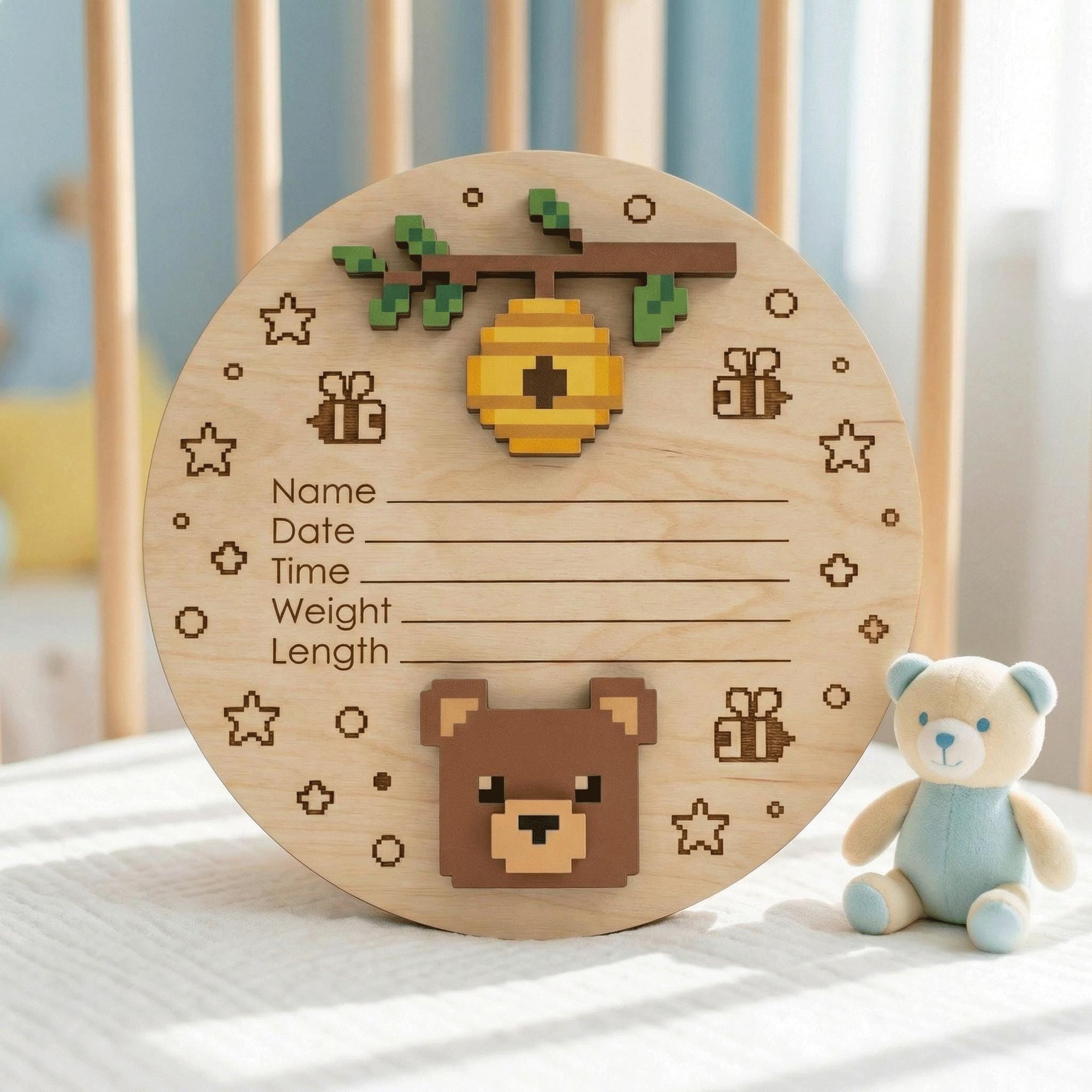 Pixel Art Bear Birth Stats Sign for Hospital | Honey Bee Wooden Newborn Plaque | Custom Unisex Baby Announcement | Nursery Prop