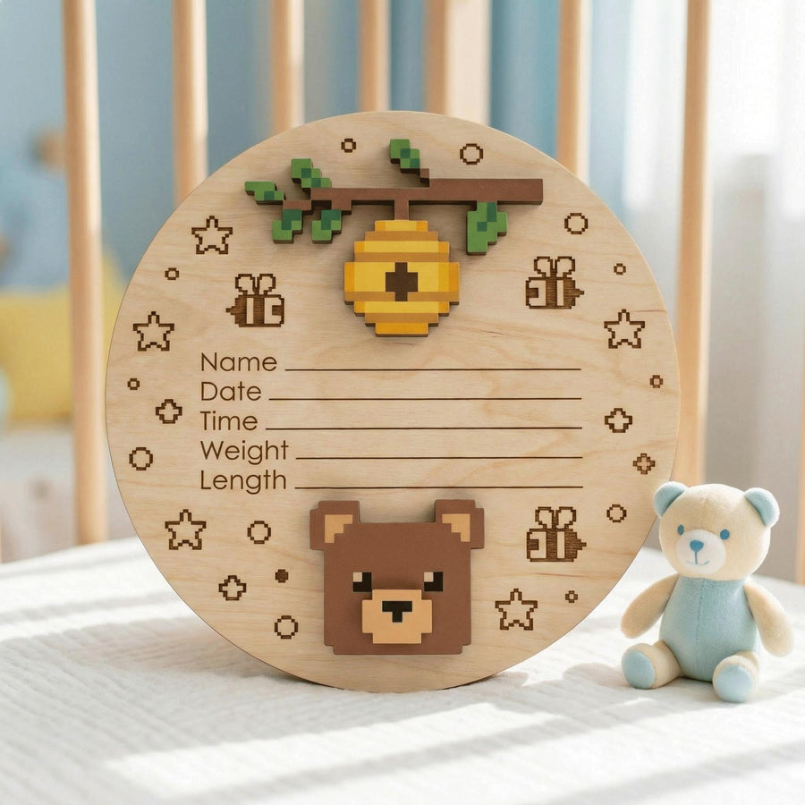 Pixel Art Bear Birth Stats Sign for Hospital | Honey Bee Wooden Newborn Plaque | Custom Unisex Baby Announcement | Nursery Prop
