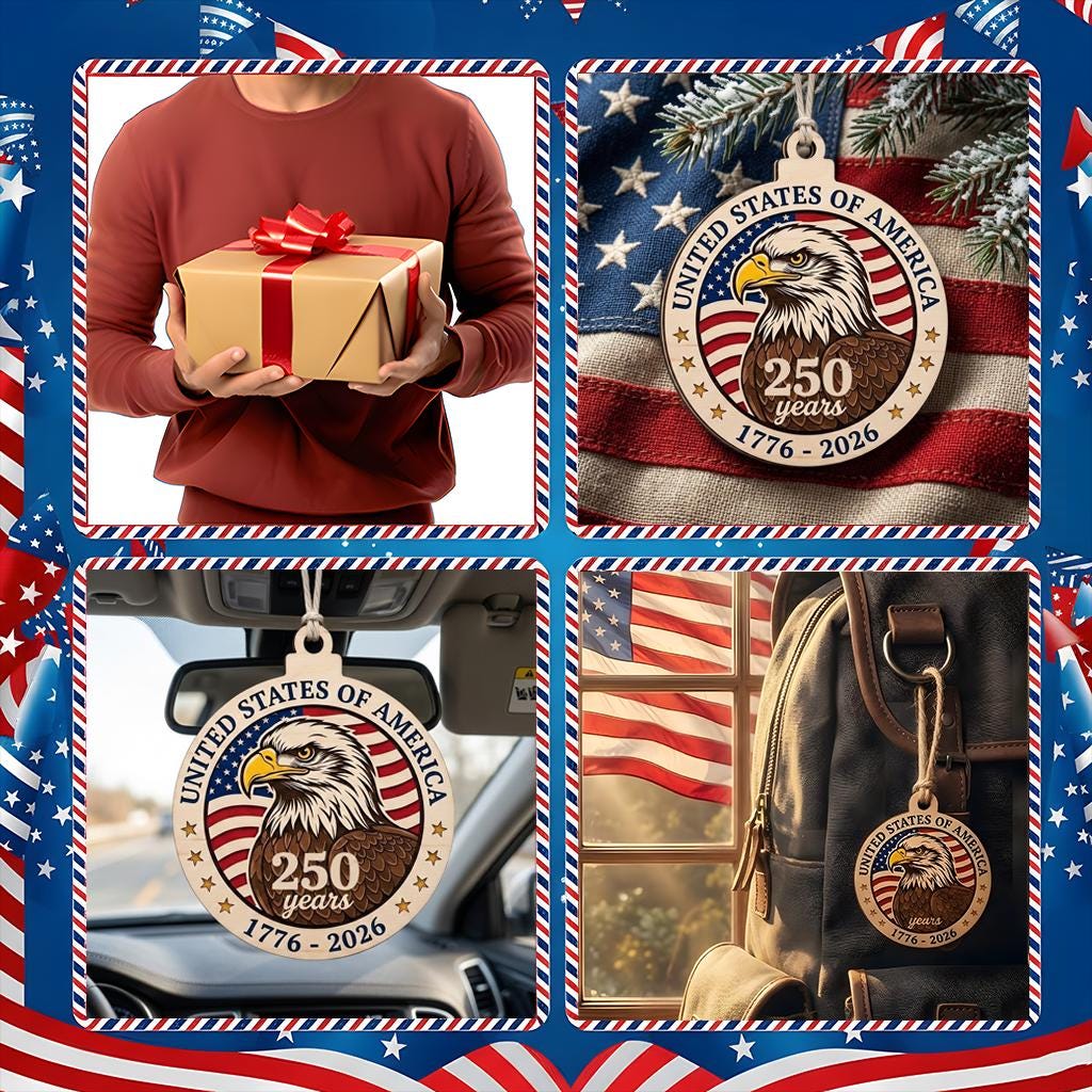 USA 250 Years Wood Ornament, Layered Eagle Patriotic Gift, 1776-2026 Anniversary Decor, Handmade Wooden Semiquincentennial Gift