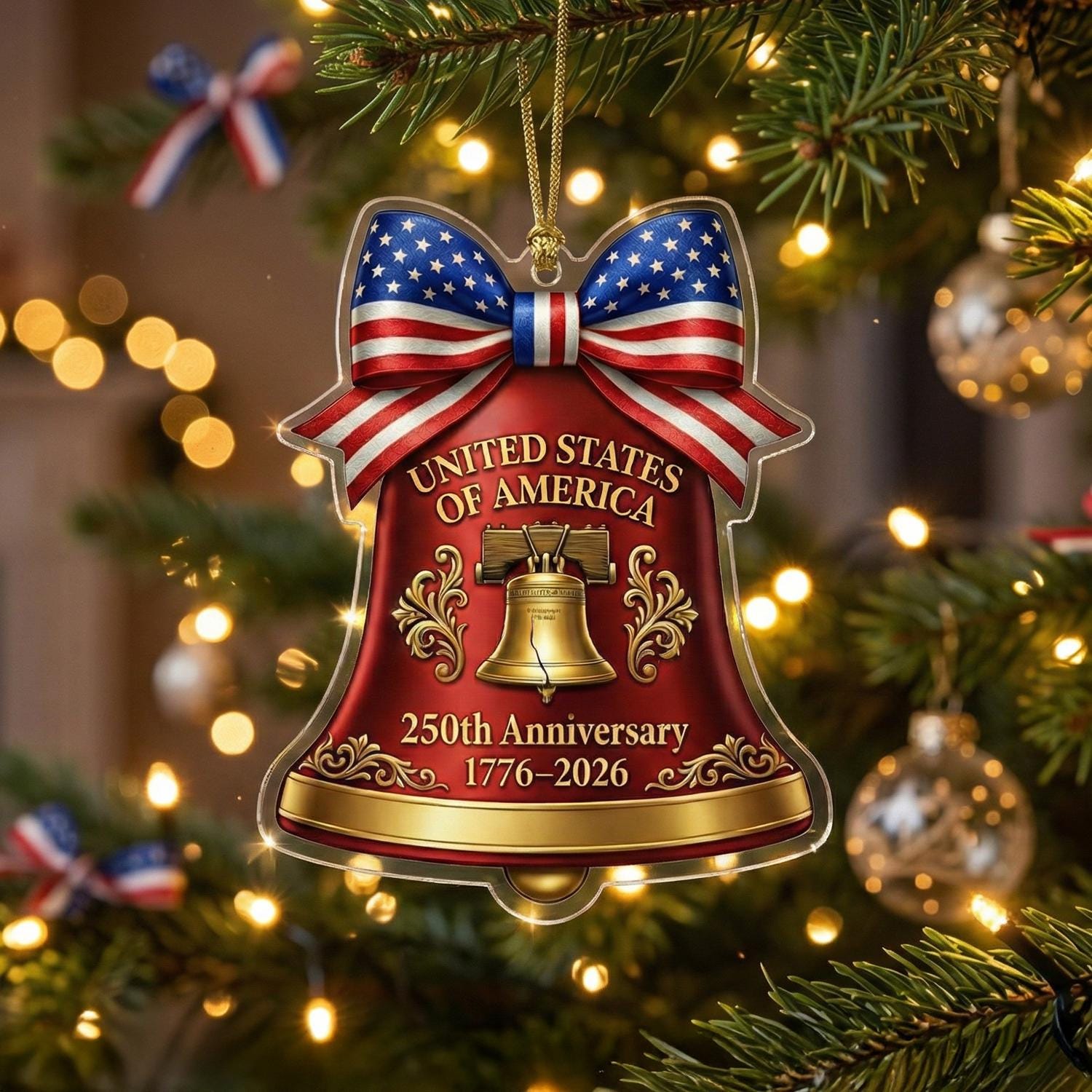 USA 250th Anniversary Bell Ornament, Liberty Bell Patriotic Gift 1776-2026, American Pride Bow Decor, 250 Years Freedom Keepsake