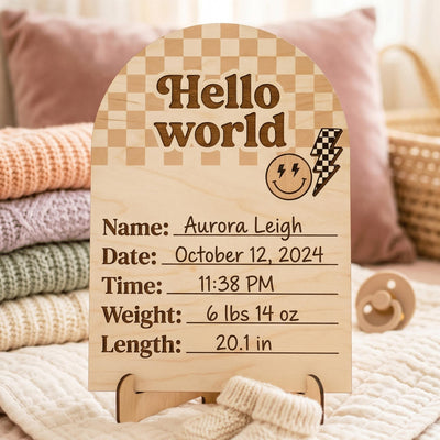 Retro Groovy Birth Stats Sign | Checkerboard Arch Wooden Newborn Plaque | Custom Smiley Baby Announcement | Neutral Nursery Prop