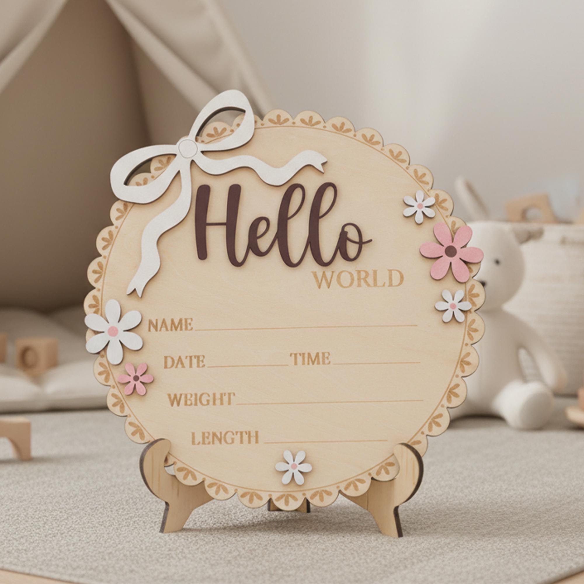 Newborn Hello World Sign Wooden Baby Birth Details Photo Prop