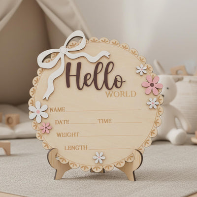 Newborn Hello World Sign Wooden Baby Birth Details Photo Prop