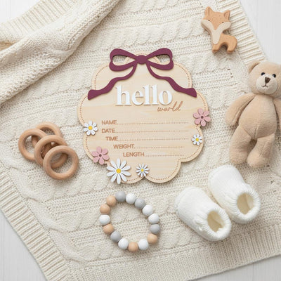 Berry Hello World Wooden Baby Birth Stats Sign Newborn Keepsake