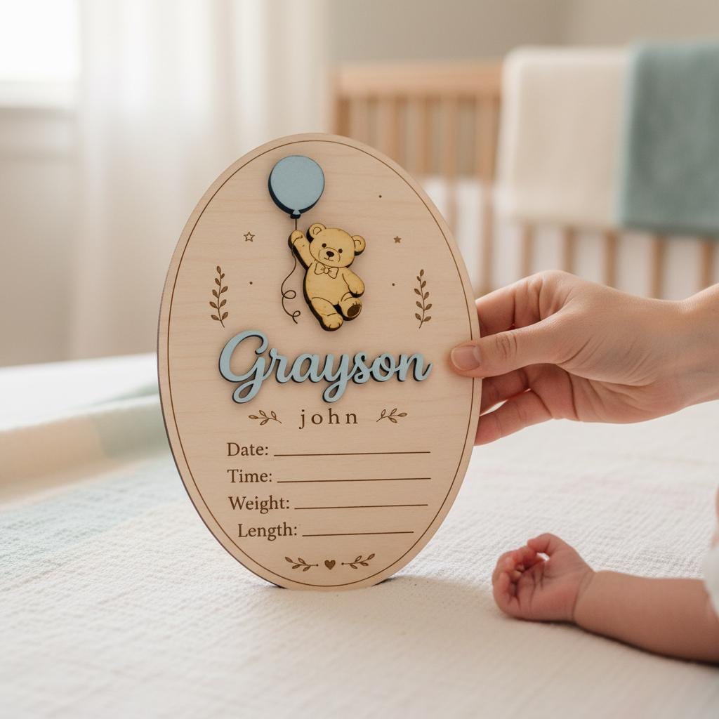 Teddy Bear Birth Stats Sign | 3D Balloon Oval Wooden Plaque | Custom Baby Boy Girl Announcement | Whimsical Nursery Photo Prop