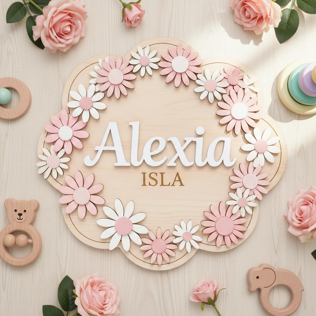 Personalized Baby Name Sign, Wooden Daisy Nursery Name Plaque, Custom Baby Girl Room Decor, Flower Nursery Wall Decor