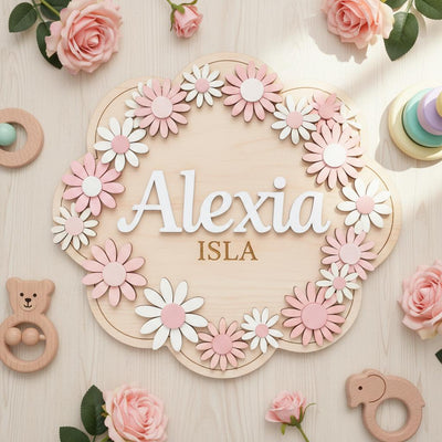 Personalized Baby Name Sign, Wooden Daisy Nursery Name Plaque, Custom Baby Girl Room Decor, Flower Nursery Wall Decor