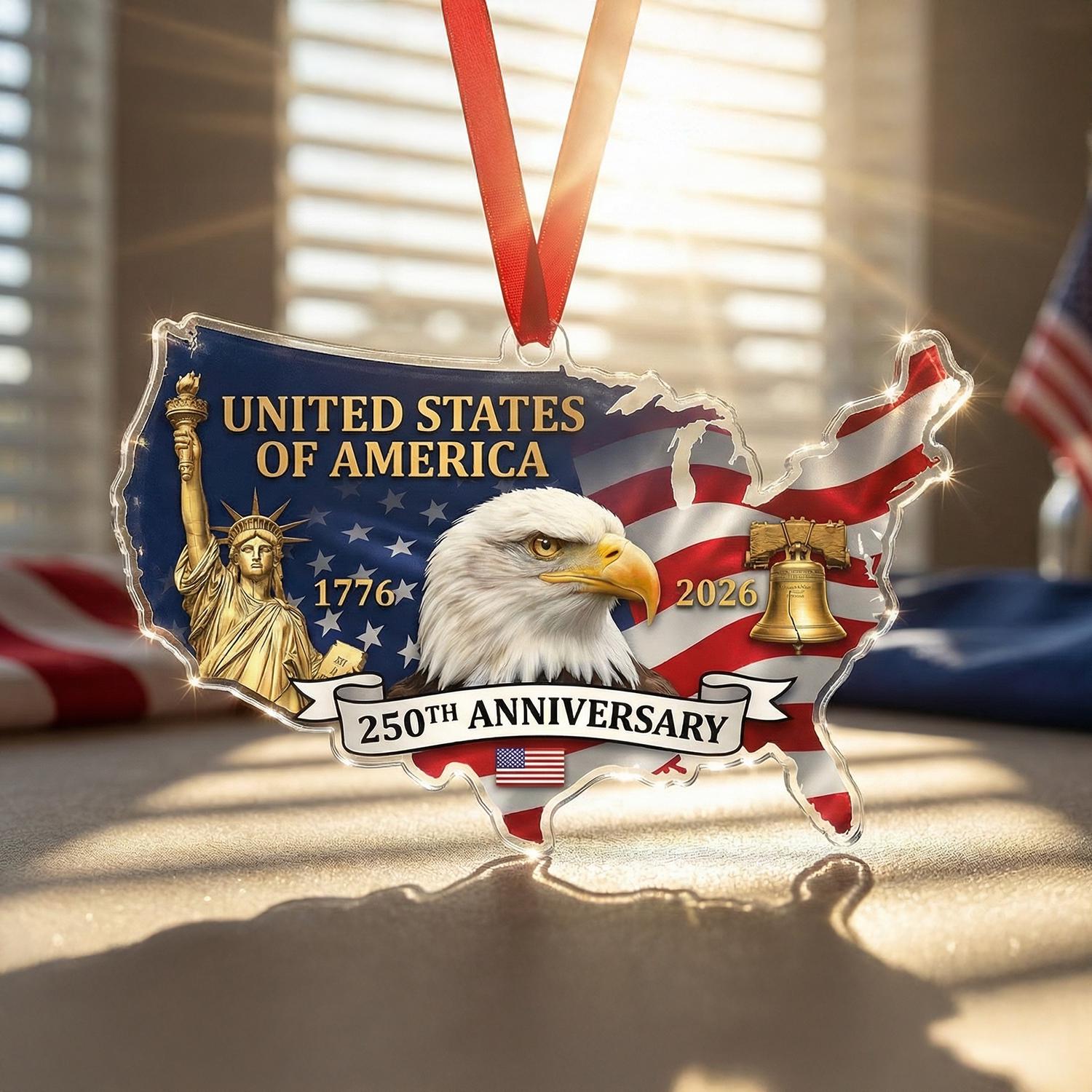 USA Map 250th Anniversary Ornament, Semiquincentennial Patriotic Gift, 1776-2026 United States Shape Decor, America Milestone Keepsake