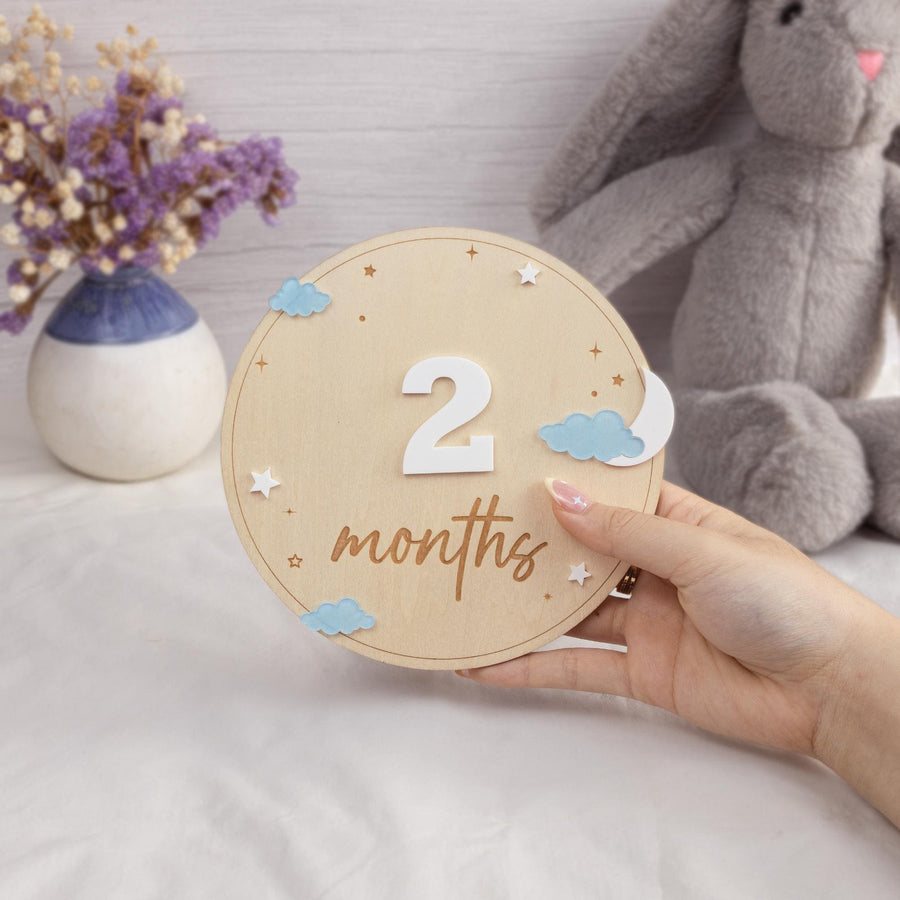 Wooden Baby Milestone Sign, Moon and Stars Milestone, Acrylic Cloud Baby Photo Prop, Newborn Keepsake, Baby Sign, Nursery Decor, Baby Gift