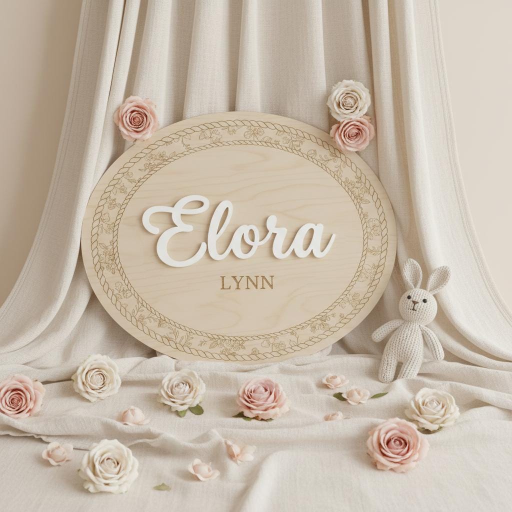 Personalized Wooden Baby Name Sign, Oval Nursery Name Announcement Plaque